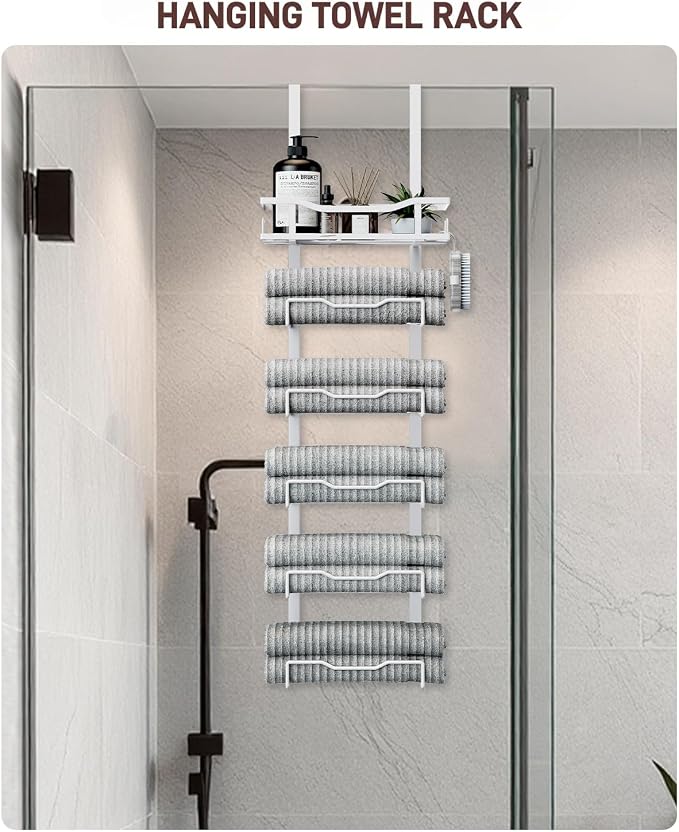 Aetyord Hanging Towel Racks for Bathroom No Drill - Over The Door 6-Tier Bath Towel Storage Organizer for Small Bathrooms - Back Door Large Tiered Towel Holder Hanger for Rolled Towels RV Camper White | 6-Tier Over The Door Bath Towel Storage Organizer...