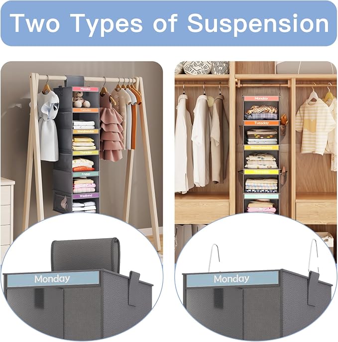 Fixwal Weekly Kids Clothes Organizer 2 Pack 6-Shelf Hanging Storage | Nonwoven Fabric, 6 Daily Shelves, 6 Mesh Side Pockets, 2 Metal Hooks, Foldable Design, for Kids Outfits and Accessories