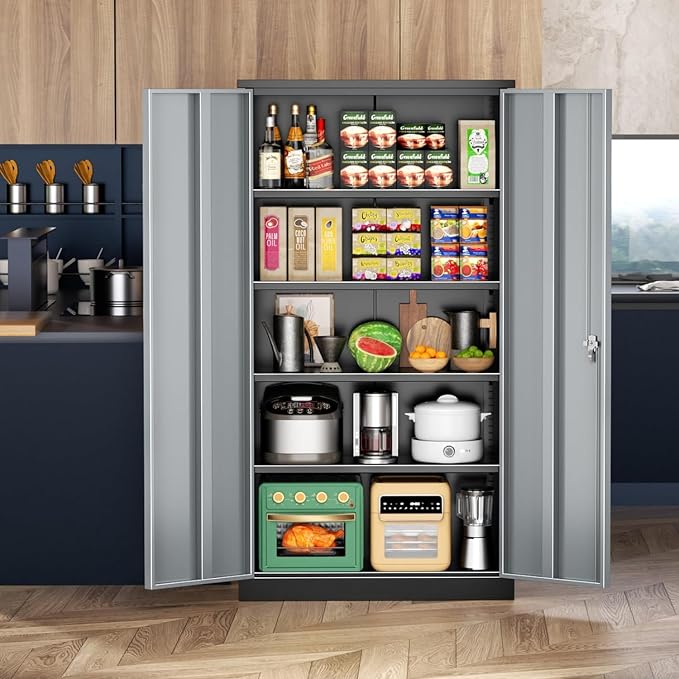 INTERGREAT Metal Storage Cabinet,72" Locking Steel Cabinets with 2 Doors and 4 Adjustable Shelves,Tall Steel Storage for Home Office, Garage,Warehuse (Black Grey)