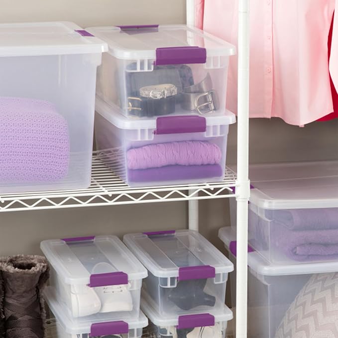 Sterilite 24-Pack ClearView Latch Box, Stackable Storage Organizer Bins for Home, 15 Quart | Clear Plastic Organizers with Color Accent Latches for Closet, Bedroom, Shelving Units, Dorm Room and Home Organization
