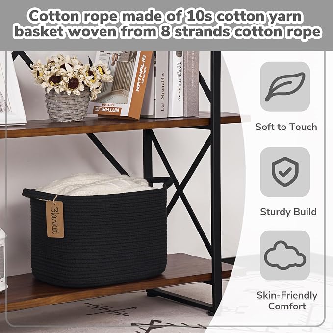 Goodpick Small Woven Storage Basket with Handles, Rectangle, Black | 13 × 10 × 9 in, Cotton Rope, Shelf Organization, Toys, Towels & Books Storage, Living Room & Bathroom Organization
