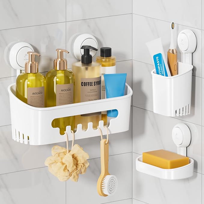 LEVERLOC Shower Caddy Suction Cup Set Shower Organizer & Soap Holder & Toothbrush Holder, Bathroom Shelf Basket NO-Drilling, Removable Suction Storage Waterproof Bathroom Caddy, White | Toothbrush Holder, NO-Drilling Bathroom Shelf, Removable Suction S...