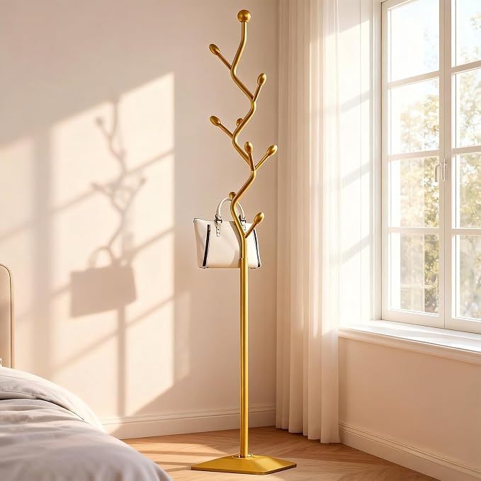Gold Coat Rack Freestanding Metal Tree Coat Stand with Hooks,Modern Decorative Standing Hat Rack for Entryway Bedroom Living Room