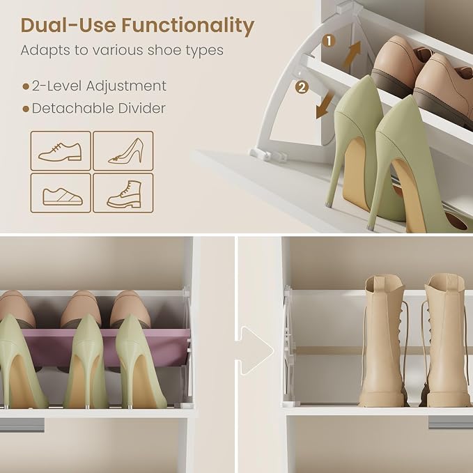 Shoe Storage Cabinet for Entryway with 2 Flip Drawers, 23.6" W White | Freestanding shoe storage cabinet for entryway,foyer and hallway,slim design and space-saving flip drawers