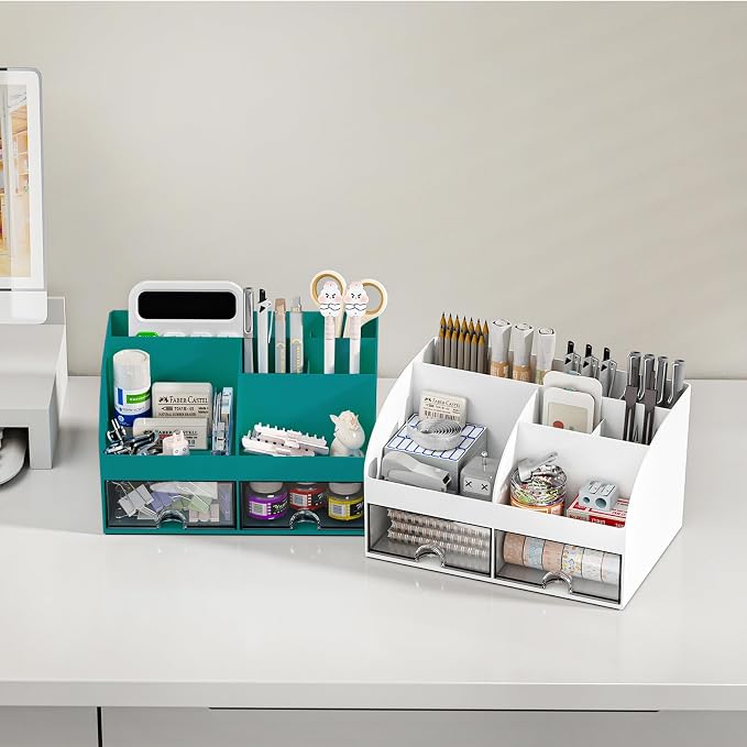 COMFYROOM Desk Organizer with 6 Compartments and 2 Drawers, Plastic Makeup Organizer, Pen Holder for Desktop Storage, Desk Organization for School, Home, Office Supplies (Dark Green)
