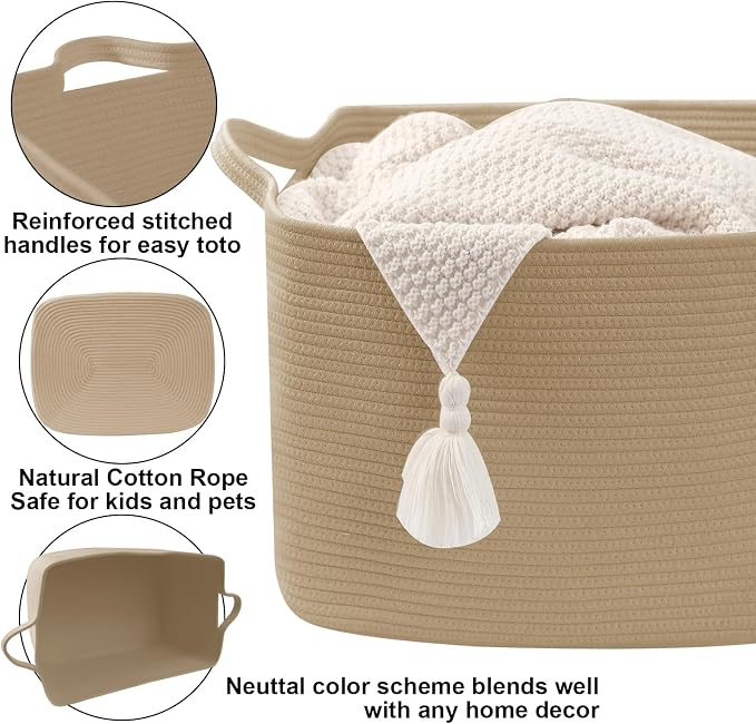 65L Collapsible Woven Rope Laundry Basket with Handles,Jute | 21x16x12 Foldable Rectangular Blanket Basket for Toys, Clothes & Pillows,Ideal for Nursery, Bathroom, Bedroom, Living Room