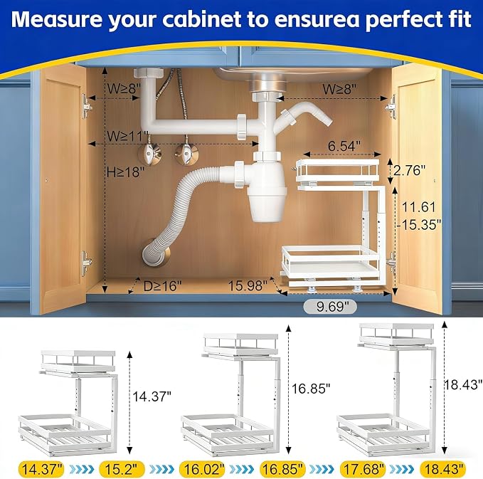 2 Pack Under Sink Organizer, 2-Tier Metal Shelf, White | Carbon steel 2-tier set, ball-bearing slides, adjustable height, no-drill setup, for kitchen and bathroom cabinets