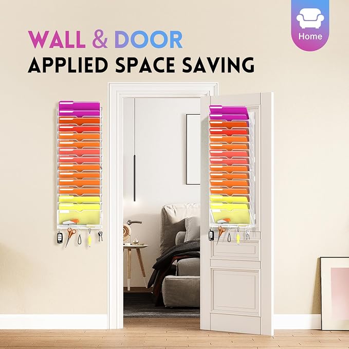 15-Tier Wall File Organizer with Base and Hooks, Hanging Organizer, White | Wall Organizer and Wall File Holder with 15 Vertical Pockets and Bottom Tray for Files, Mail, Folders, Magazines and Paper