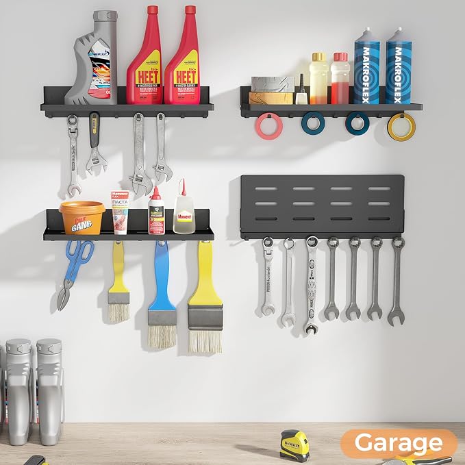Folding Shelf with Hooks Wall Mount, Laundry Room Metal Shelves, Fold Up 90° and 8 Hooks, Foldable Storage Wall Shelf for Rv, Utility Room, Garage, Space Saving, Black（17.0", 2 Pack）