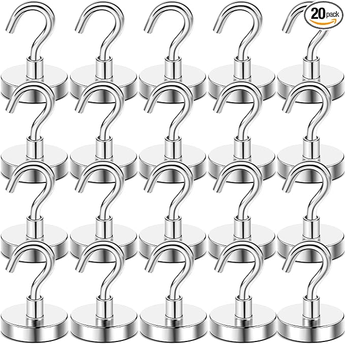 DIYMAG Magnetic Hooks 20pcs 85lbs Cruise Essentials 2026 Magnet Hook | Neodymium Heavy Duty Strong Magnets Hanging Ship Cabins Refrigerator Fridge Classroom Beach Vacation Kitchen Grills Home Tool