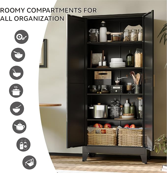 COFaR 71" Modern Pantry Cabinet in Black, 5-Tier Storage Cabinet with Adjustable Shelves, Industrial Steel Cupboard for Kitchen, Office & Living Room Organization