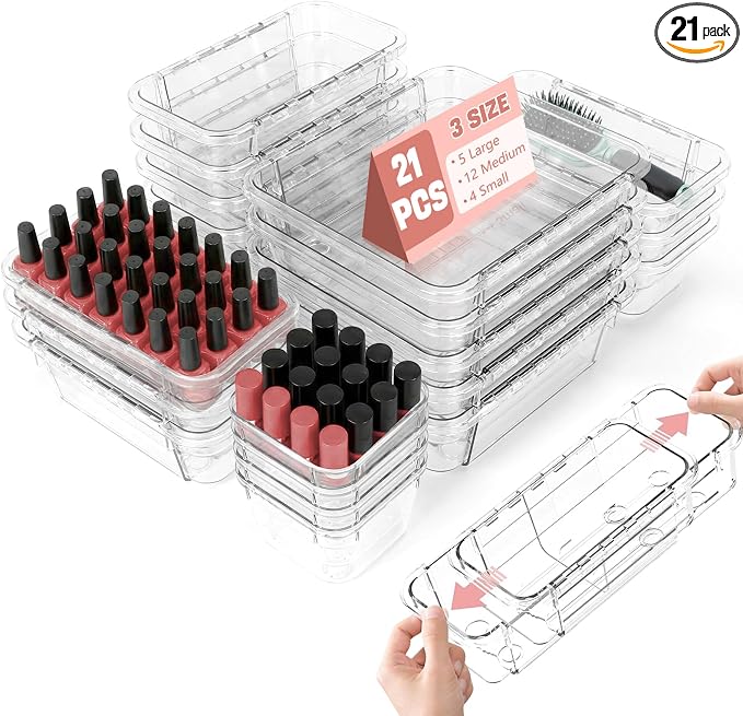 21 PCS Extendable Drawer Organizer Set Clear Stackable Vanity Storage Bins | 3-Size BPA-Free Acrylic Trays, Non-Slip Durable Boxes for Makeup Cosmetics Office Desk Utensils Bathroom Dresser Countertop