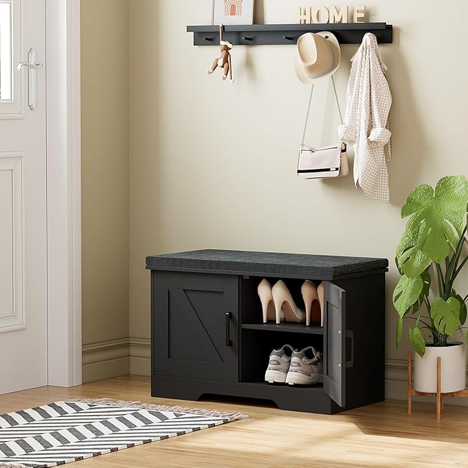 HOMSHO Farmhouse Shoe Storage Bench with 2 Barn Doors & Padded Seat Cushion | 27.6" Wide Entryway Bench with Adjustable Shelves & Hidden Storage, Black