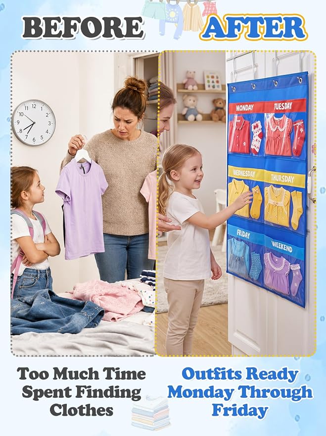 Alphatool 2 Pcs Weekly Clothes Organizer Hanging Closet Storage for Kids | 37" x 28" Large Capacity, Monday to Weekend Labels, Over Door / Wall Mount for School Outfits and Kids Room Organization