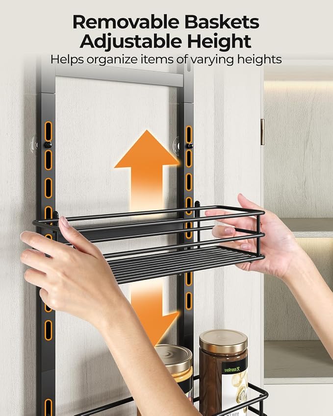 6-Tier Narrow Pantry Door Organizer,Over the Door Pantry Organizer,Black | Height Adjustable Heavy Duty Hanging Metal Basket,Back of Door Organizers and Storage for Home,Kitchen,Laundry,Bathroom