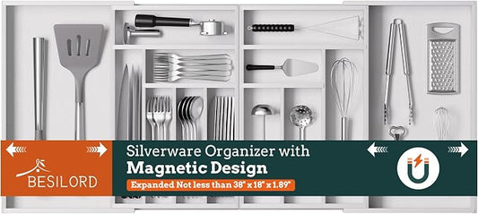 Silverware Organizer Large, Magnetic Connected Expandable 13 Slots Silverware Drawer Organizer from 21 to 37.4 Inches, Adjustable Flatware and Cutlery Holder, Bamboo Utensil Tray for Kitchen White