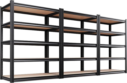 3-Pack 71" H x 46" W x 18" D Garage Shelving Unit,Heavy Duty Metal Storage Shelves, Total Capacity, 5 Tier Adjustable Boltless Steel Rack, Freestanding Organizer for Warehouse, Pantry, Shop, Black