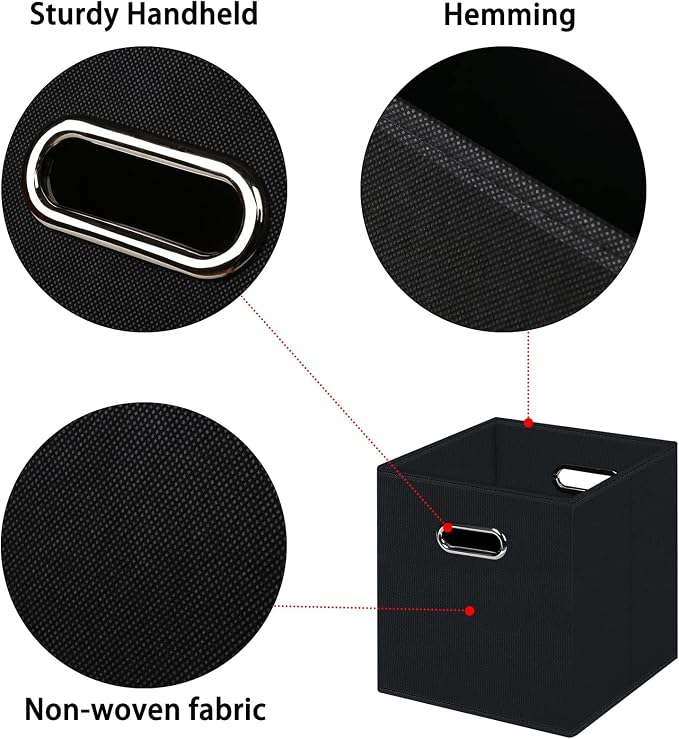 Black Foldable Storage Cubes Bins , Fabric Storage Box Cubes Organizer Baskets with Dual Handles for Home Organizer (Black)