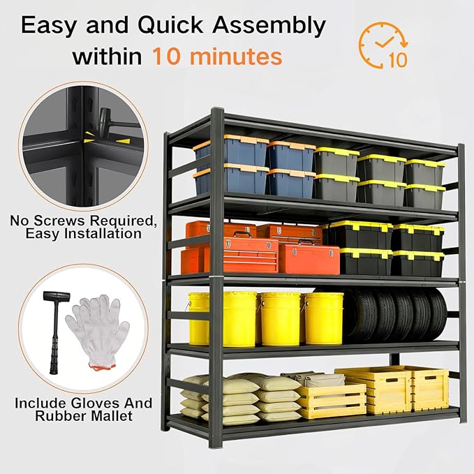 Garage Shelving, Heavy Duty Storage Shelves, Adjustable Boltless Units | Metal Shelving with Double Layer Posts, Industrial Steel Shelving for Garage Basement Warehouse Kitchen, Black, 72H*36W*15D