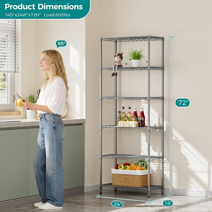 SINGAYE 6 Metal Shelves Wire Shelving Storage Shelf Adjustable Unit Pantry | 6 Tier Kitchen Laundry Room Organization Home Pantry Closet Bathroom Organizers Garage Rack 14" D x 24" W x 72" H Gray