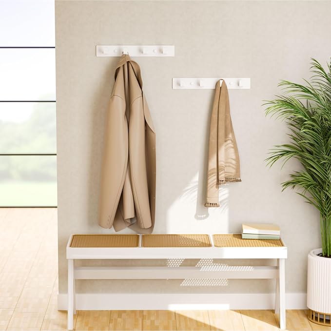 White Coat Rack Wall Mount - 12.5" Rail with 4 Right-Angle Hooks(2 Pack) | Drill-Mounted Organizer for Coats, Hats, Bags in Entryway, Bathroom, Bedroom
