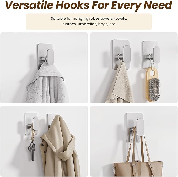 Large Heavy Duty Wall Hooks - 26lb Max, Stainless Steel Adhesive Towel Hooks for Hanging Towel, Coat, Robe, Hat, Sticky Towel Holder for Wall Mount in Bathroom, Shower, Kitchen(Silver, 6 Pack)