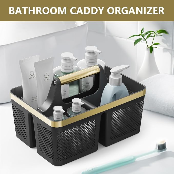 BYUNER Shower Caddy Dorm Men: Plastic Bathroom Caddy Organizer with Handle and Holes, Bath Caddy for College Dorm, Portable Shower Basket Tote for Toiletry, Travel, GYM, Camp Essentials Black/Gold