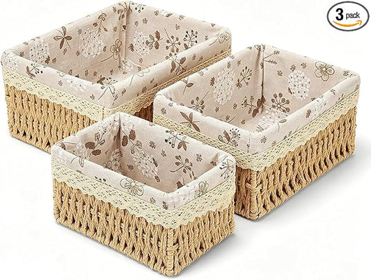 Small Wicker Basket 3-Piece Set: Handwoven Natural Paper Rope Storage Baskets for Organization, Storage, and Home Decor (Lined)