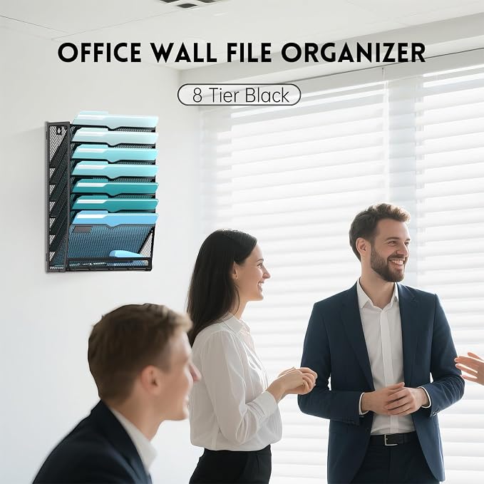 2 Pack 8-Tier Hanging Wall File Organizer with 5 Hooks, Mesh Wall File Holder Vertical Mount Mail Organizer for Papers, Folders, Magazines, Bills, Office and School, Black