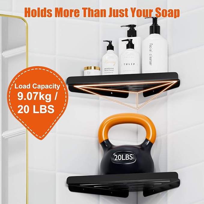 Fikoksol Shower Caddy Storage, Triangle Corner Shelf with Adhesive Glue | Metal Bathroom Shelf Storage, Adhesive or Screw Wall Mounted Corner Shower Rack, Black Rustproof Bath Organizer Accessory