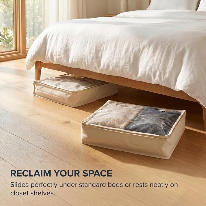Household Essentials Canvas Sweater Storage Bags 2 Pack, Breathable Under Bed & Closet Organizer with Clear Window & Zipper, Soft-Sided Storage for Sweaters, Blankets & Linens