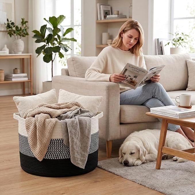 90L Extra Large Blanket Basket,Woven Laundry Basket-Mixed Black | Collapsible Nursery Storage Bin with Sturdy Handles, Organizes Clothes, Toys and Pillows for Living Room, Bedroom, Bathroom