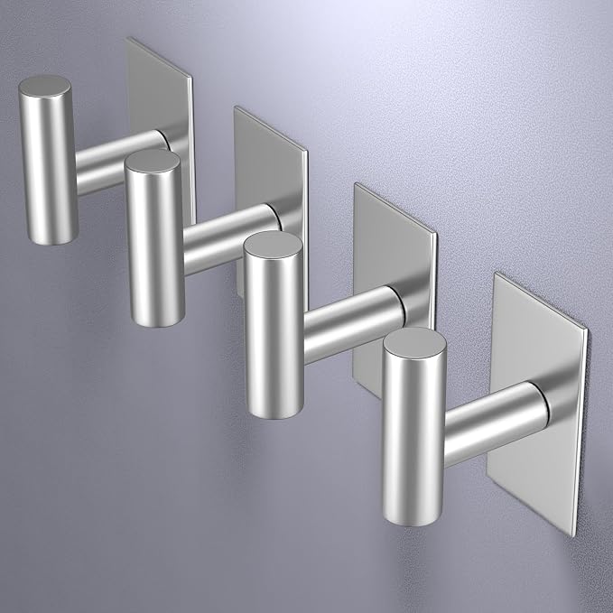 VAEHOLD Wall Towel Hooks, Heavy Duty Sticky Holder Waterproof Towel Hooks for Hanging Coat, Clothes, Closet Hook Wall Mount for Kitchen (Silver, 4 Pack)