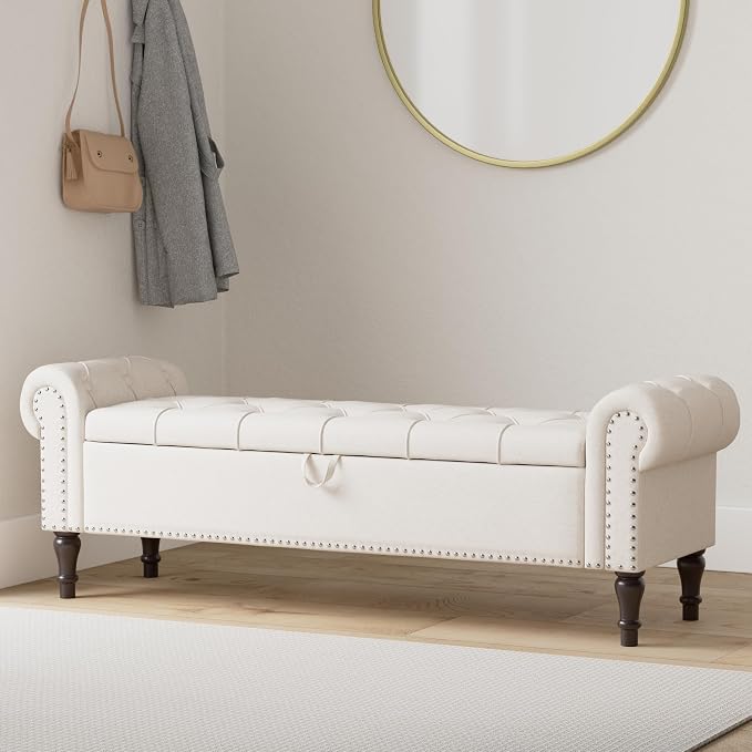 Cozyman Storage Bench Ottoman, 61" King Linen Rolled Arm Bedroom End of Bed Bench, Window Bench with Button Tufted and Nailhead Trim for Foot of Bed Bench, Bedroom, Entryway, Living Room, Linen Color