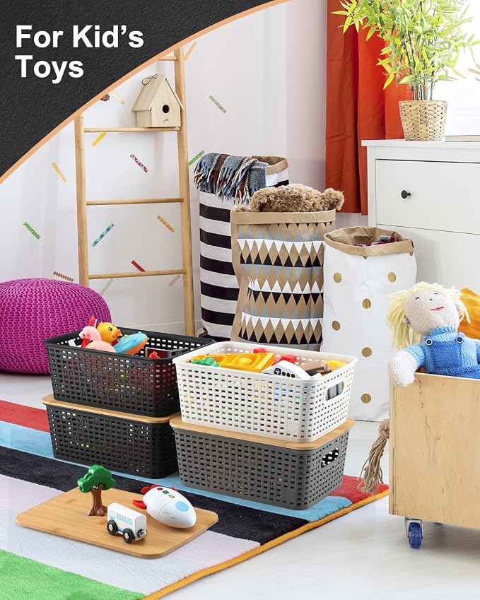 AREYZIN Storage Bins with Bamboo Lids Set of 6 Lidded Storage Container Plastic Baskets Organizer Bins for Organizing Kithen Room Bedroom Office Closet, Sturdy(Black)