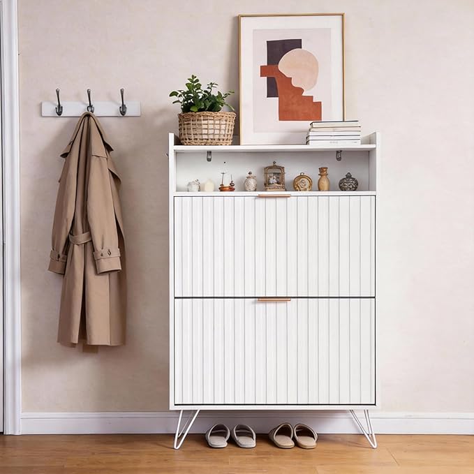 Karl home White Slim Shoe Storage Cabinet, Entryway Shoe Organizer | Space-Saving Freestanding Shoe Rack Organizer, Versatile Storage Furniture Suitable for Entryway and Living Room