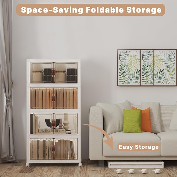 Stackable Storage Bins with Lids, 208QT Closet Organizers and Storage Cabinet with Doors & Wheels, Lockable Plastic Foldable Drawers for Bedroom Dorm Office Garage（52QT*4,White）