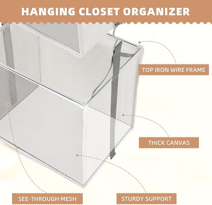 STORAGE MANIAC 2-Tier Hanging Closet Organizer, Fabric Storage Baskets with Hooks, Closet Shelves for Dorm Room, Apartment, Bedroom, Garment Rack & Wardrobe, Ivory