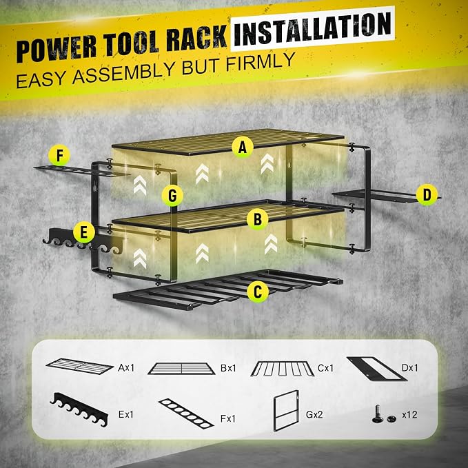 Hipidian Power Tool Organizer Wall Mount - Storage Rack with 4 Drill Holders for Drills Cordless Tools. Heavy Duty Iron Garage Tool Organizer Storage for Workshop Shed (4 Slots 3 Layers)