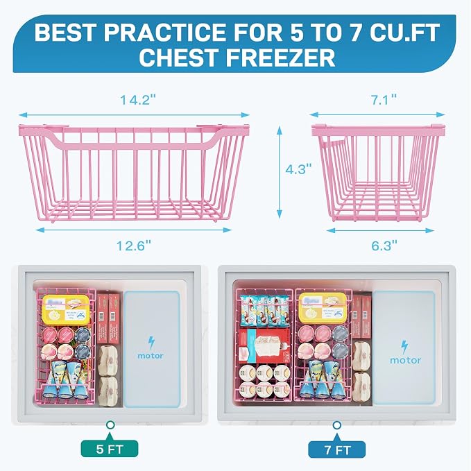 SUNALLY Freezer Organizer Bins, 8 Pack Stackable Pantry Storage Bins, Pink | Chest Freezer Organizer for 5-7 Cu.FT Deep Freezer to Sort Frozen Meats & Food, Wire Baskets for Pantry Organizers & Storage
