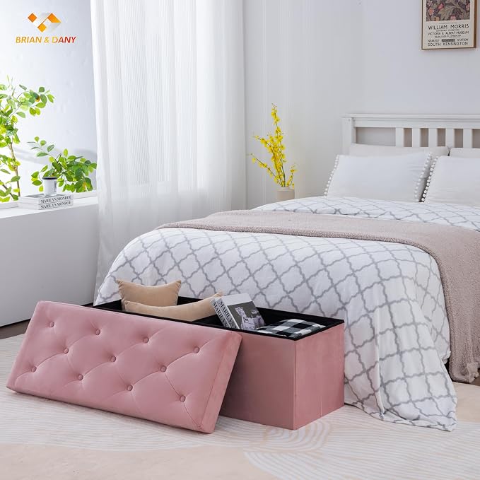BRIAN & DANY 43 Inches Folding Storage Ottoman Bench, Velvet Ottoman with Storage for Living Room, Bedroom, Entryway, Ottoman Foot Rest, End of Bed Bench (Dusty Pink)