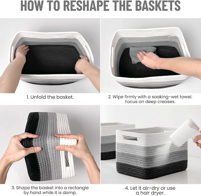 5 Pack Woven Storage Baskets for Shelves Organizing, Decorative Cotton Rope Organization Storage Bins for Socks, Book, Towel, Clothes, Closet, Nursery, Bathroom & Home Decor, Black White Ombre