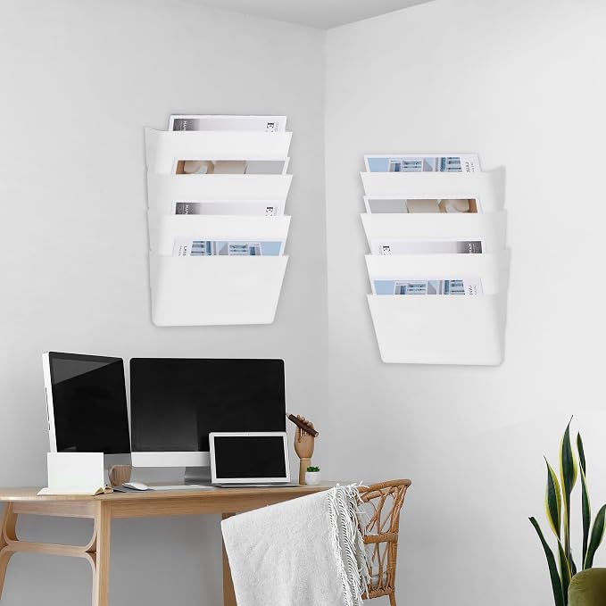 EASEPRES 8 Pack White Plastic Single Pocket Hanging File Organizer, Wall Mount Paper Mails Magazines Holder, Mounted Folder Bins for Office, School and Home, 12.99x4.13x7.48 inches