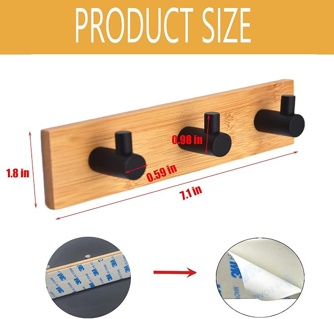 Kingdong Bamboo Wood Key Holder for Wall - Key Hanger with Hooks - Decorative Wall Hooks for Hanging Heavy Duty Key Organizer for Kitchen, Bedroom, Bathroom - Ideal Coat Rack (3 Hooks, Black)