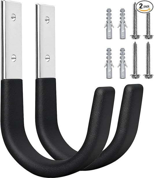 Heavy Duty Wall Hooks, Garage Storage Utility Hooks, Steel Wall Mount Hanger, Tool Organizer Hose Hanger Steel U Hooks for Garage & Garden (2, Black)