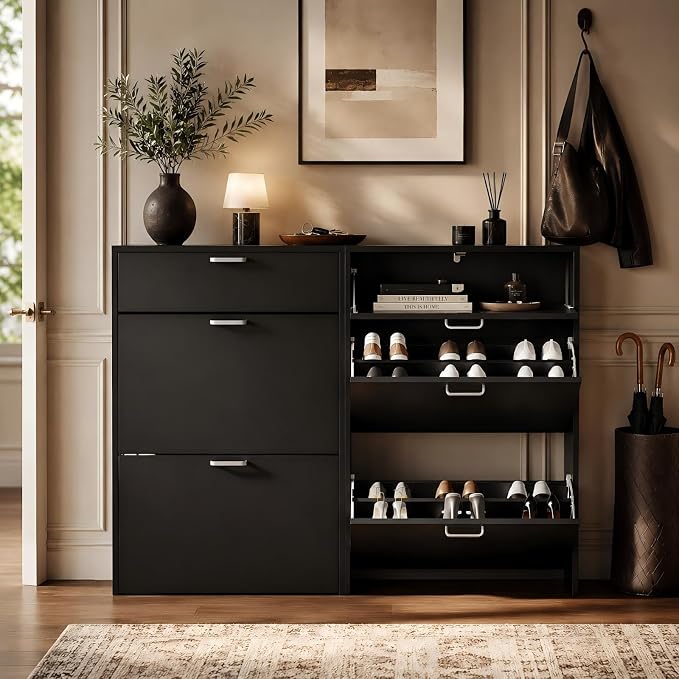 VINGLI Set of 2 Shoe Cabinets Storage for Entryway,2-Pack,Black | 16–24 Pairs,Skirting Board Cutout,Drop-Down Drawer,9.4"D Slim,Modern,2 Flip Drawers,Adjustable & Removable Shelf