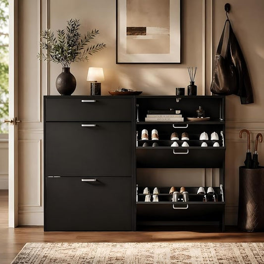VINGLI Set of 2 Shoe Cabinets Storage for Entryway,2-Pack,Black | 16–24 Pairs,Skirting Board Cutout,Drop-Down Drawer,9.4"D Slim,Modern,2 Flip Drawers,Adjustable & Removable Shelf