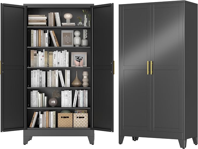 GAIOUS 79" Tall Kitchen Pantry Cabinet,Metal Storage Cabinet Black Cupboard | with 2 Doors and 5 Adjustable Shelves, Freestanding Cupboard, 6 Tier Steel Storage for Office Kitchen Dining Garage Hallways