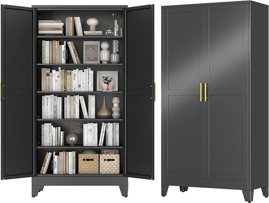 GAIOUS 79" Tall Kitchen Pantry Cabinet,Metal Storage Cabinet Black Cupboard | with 2 Doors and 5 Adjustable Shelves, Freestanding Cupboard, 6 Tier Steel Storage for Office Kitchen Dining Garage Hallways