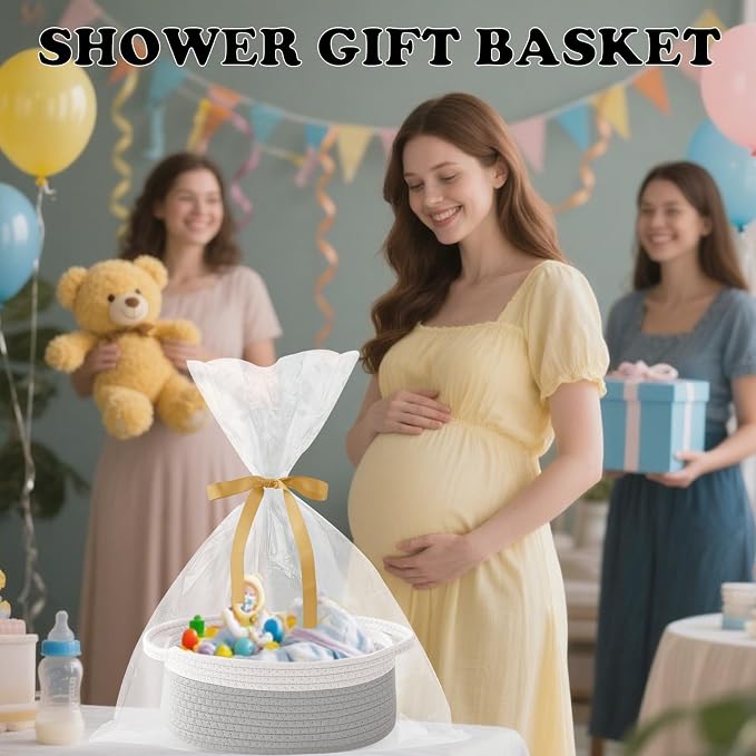 2 Pack Small Woven Rope Basket with Handles, White&Grey | Empty Gifts Basket with Bag and Ribbons, Cute Handle Organizer Box, Birthday/Baby Shower, Toy Storage